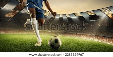 Kicking the ball. Dynamic collage with football player in action at stadium during football match over 3D model of stadium. Concept of sport, active lifestyle, team game, energy, achievements, art, ad