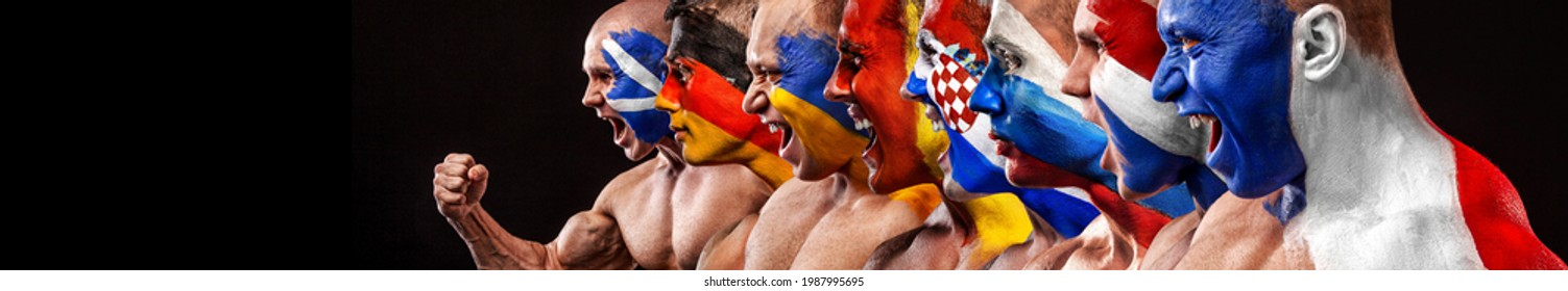 Kicking Off Fans. Flags Of Europe Countries. Soccer Or Football Athlete With Flag Bodyart On Face. Sport Concept With Copyspace.