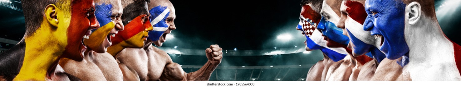 Kicking off fans on stadium. Flags of Europe countries. Soccer or football athletes with flag bodyart on face. Sport concept with copyspace. - Powered by Shutterstock