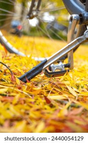 kickstand of bicycle detail with yellow leaves, close up