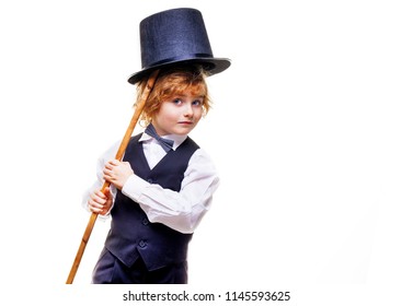 Kid Actor In The Theatre , Stylish Boy In Hat Isolated On White Background, Happy Child Actor With A Cane In His Hand Dressed In A Black Suit, Talented Red Curly Boy Playing In The Theatre 