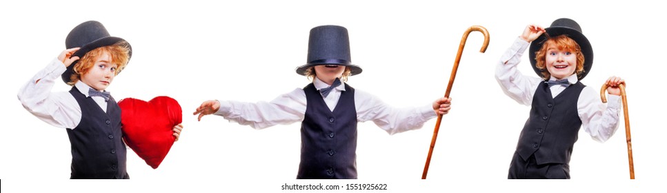 Kinderschauspieler im Theater, stylischer Junge auf Hut einzeln auf weißem Hintergrund, glücklicher Kinderschauspieler mit einem Stock in der Hand in einem schwarzen Anzug, talentierter roter, lockiger Junge, der im Theater spielt. 