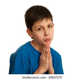A Kid Is Asking For Permission; Isolated On The White Background