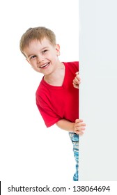 kid boy behind blank advertising banner