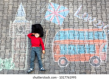 Kid Boy In British Soldier Uniform With London Chalks Picture