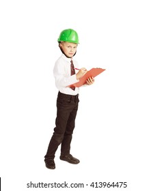 Kid Boy In Business Suit And Helmet Writing On Paper, Looks Like Foreman. White Background Isolated