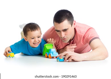 Kid Boy And Father Play With Car Toys