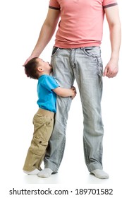 Kid Boy Hugging His Father's Leg