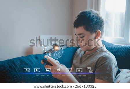 Kid boy learning multiple languages with AI on smartphone. Concept of multilingual education, artificial intelligence, e-learning and digital tools for future skills and online communication.