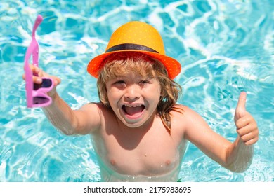 Kid boy relaxing in pool. Child swimming in water pool. Summer kids activity, watersports. Summer vacation with children. Child enjoying summer in the water in the swimmingpool.