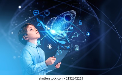 Kid boy using digital tablet, blue hud with rocket launch and different icons, social media and network connection. Concept of future opportunities and education