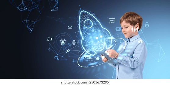 Kid boy using digital tablet, blue hud with rocket launch and different icons, social media and network connection. Concept of education and future opportunities