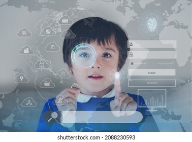 Kid Boy using Fingerprint Login on Internet for Data Information Networking,Double exposure of world Map with blank Search Browsing Bar,Concept for Money,Stock Market Investment Fund and Digital Asset - Powered by Shutterstock