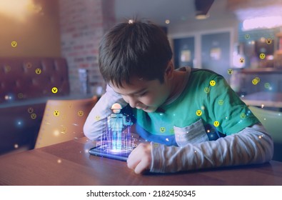 Kid Building Robot Game On Mobile Phone With Notification Face Icon Pop Up,Boy Programming Robot With Double Exposure Of Screen Web Surfing,cyber Diagram Interface,Education Technology,Online Learning