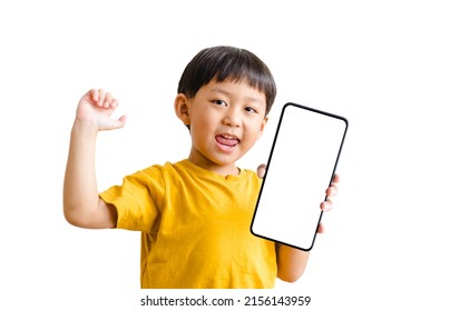Kid Child Asian Student Boy Holding Phone Smartphone Mock Up Showing White Blank Display Online Learning App, Promotion.Asian Kid Boy Win Game.banner Background.Digital Phone Education Language App.