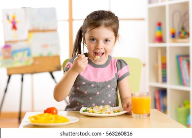 Kid Child Girl Eating Healthy Food At Home