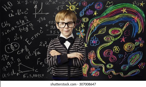 Kid Creativity Education Concept, Child Learning Art Mathematics Formula, School Boy Ideas on Black Chalk Board - Shutterstock ID 307008647