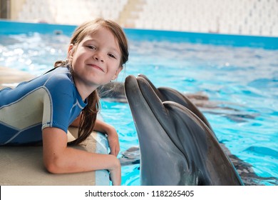 Kid and Dolphin. girl with bottlenose dolphin. Dolphin Assisted Therapy