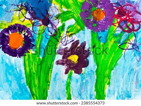 Kid Drawing flowers with paints, Children Artwork