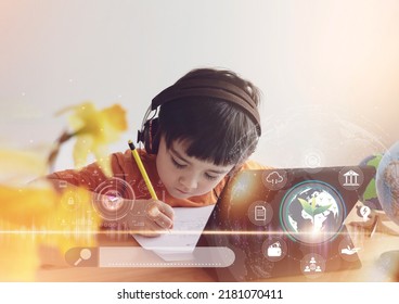 Kid drawing on paper and using tablet research on internet about world population,Ecology or Environmental,Boy doing online learning,Geography with growth leaf on globe map,People with technology  - Shutterstock ID 2181070411
