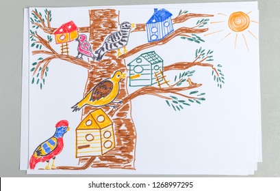 Featured image of post Tree With Nest Drawing For Kids : A hen hatching eggs with a wooden signboard.