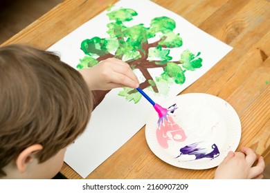 Kid draws gouache spring tree  Children activities  easy ideas at home  Art lessons spring theme  DIY tasks for children  Early education 