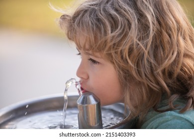 Kid Drinking Water From A Water Fountain In Park. Thirsty Child.