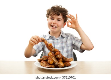 Kid Eating Chicken Drumsticks Isolated On White