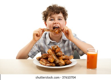 Kid Eating Chicken Drumsticks Isolated On White