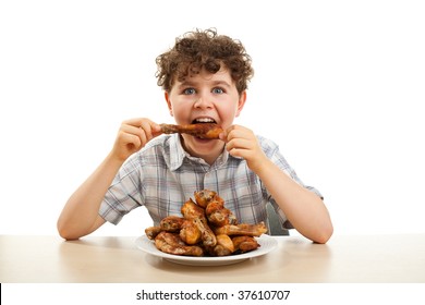 Kid Eating Chicken Drumsticks Isolated On White