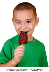 Kid Eating Chocolate Ice Cream Bar, Isolated On White Background