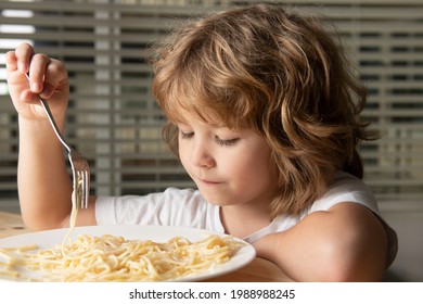 Kid Eating Pasta, Spaghetti, Portrait, Close Up Head Of Cute Child.