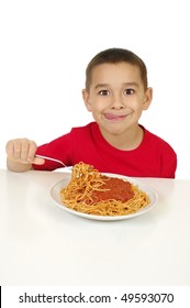 Kid Eating Spaghetti, Isolated On White Background