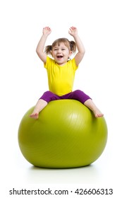 Kid Girl Doing Gymnastics With Ball Over White Background