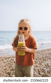 Kid Girl Drinking Kiwi Smoothie With Glass Bottle Child Nutrition Healthy Lifestyle Vegan Food Summer Family Vacations