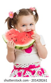 Kid Girl Eating Watermelon Isolated On White