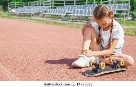 Kid girl hurting knee skateboarding outdoor, girl crying holding leg after falling down from longboard. Accident with skateboard, urban extreme activity - Powered by Shutterstock