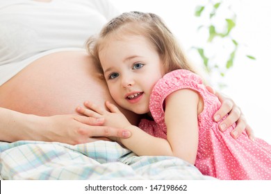 Kid Girl Listening Pregnant Mothers Belly Stock Photo 147198662