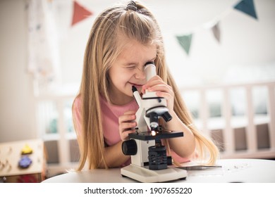 Kid Girl Looking A Bee In Her Microscope.