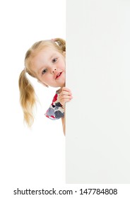 kid girl looking out of blank advertising banner