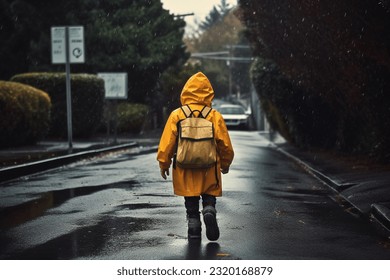 Kid going to school in rain, monsoon season - Shutterstock ID 2320168879