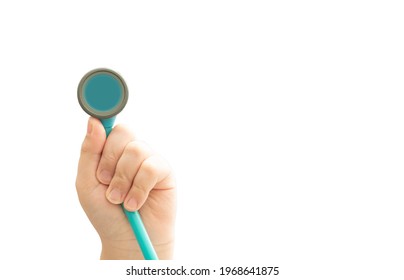 Kid Hand Hold Diaphragm Piece Of Child Medical Doctor Stethoscope Isolated On White Copy Space