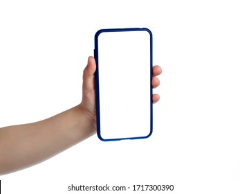 Kid Hand Holding Blue Smartphone With White Screen For Your Text. Isolated