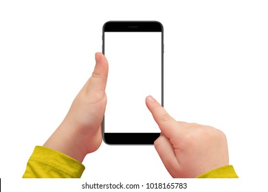 Kid Hand Holding Cellphone With Isolated White Screen For Mockup, Isolated On White Background.