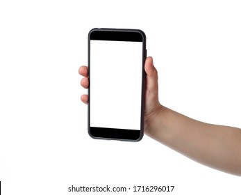 Kid Hand Holding Smartphone With White Screen For Your Text. Isolated