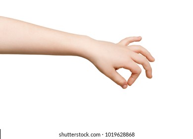 Kid Hand Making Gesture While Grab Some Items Isolated On White, Close-up, Cutout, Copy Space