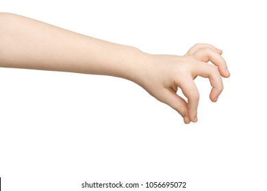 Kid Hand Making Gesture While Grab Some Items Isolated On White, Close-up, Cutout, Copy Space