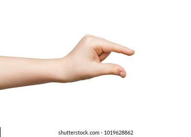 Kid Hand Measuring Invisible Items, Child Palm Making Gesture While Showing Small Amount Of Something On White Isolated Background, Side View, Cutout