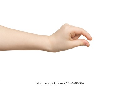 Kid Hand Measuring Invisible Items, Child Palm Making Gesture While Showing Small Amount Of Something On White Isolated Background, Side View, Cutout