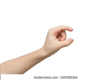 Kid Hand Measuring Invisible Items, Child Palm Making Gesture While Showing Small Amount Of Something On White Isolated Background, Side View, Cutout